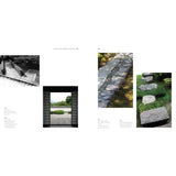 A page spread from a book featuring Japanese garden photography and text. The pages include black-and-white and color images of stone paths, mossy stepping stones, and garden scenery, arranged on a white background with small caption text.