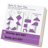 Calendar page with purple origami design and text on a white background