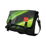 Black messenger bag with green abstract design and red label on a white background