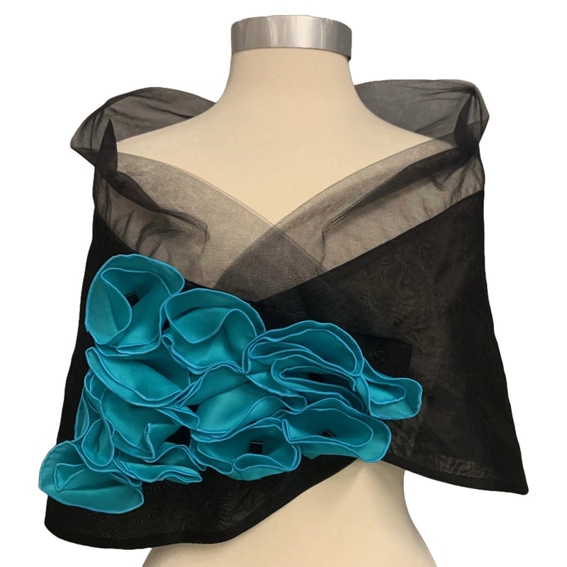 Wrap Black Organza Turquoise Flowers