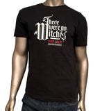 Black graphic tee shirt with red and white lettering that reads There were no Witches 1692 Salem Massachusetts.