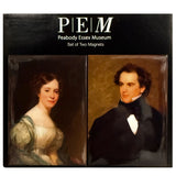 Set of two magnets with portraits of a man and a woman, branded as Peabody Essex Museum.