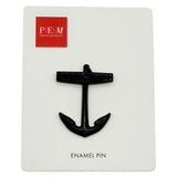 A black enamel anchor pin mounted on a white display card with a red square logo reading PEM and the text 'ENAMEL PIN' at the bottom.