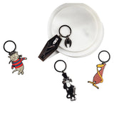 A collection of key ring charms on a white background