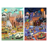 Two illustrations of a city scene with people and boats, one in daylight and one at night.