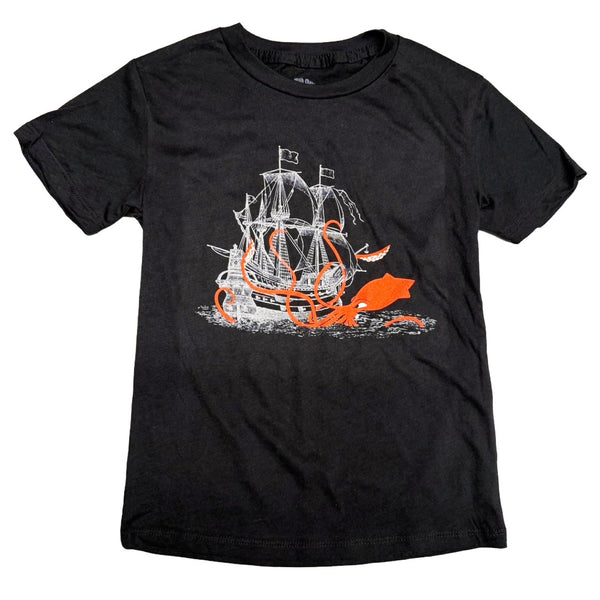 red squid attacking white ship on a black tee shirt