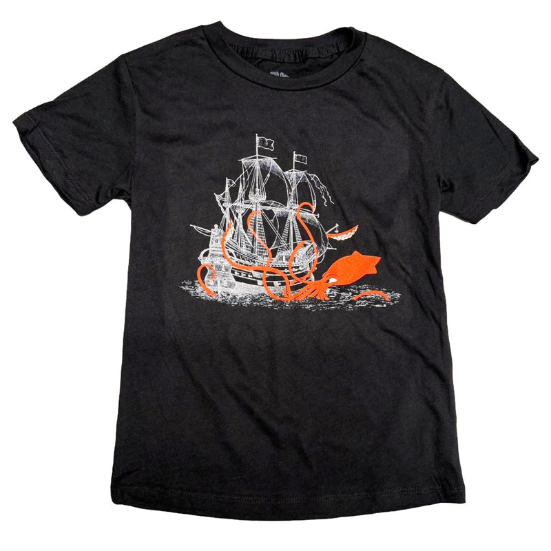 red squid attacking white ship on a black tee shirt