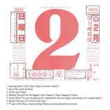 A Japanese calendar page design with a large pink number 2 in the center, surrounded by smaller calendar panels, Japanese text, and a list of six statements below on a white background.