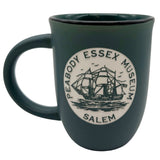 Green mug with Peabody Essex Museum logo featuring a ship.