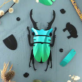 Colorful beetle-shaped object on a textured surface with decorative elements.