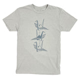 A light grey crewneck t-shirt featuring a vertical graphic of three white origami cranes on the front, displayed flat against a white background.
