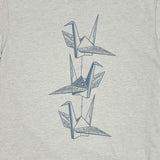 Gray t-shirt with white origami crane design on a plain background