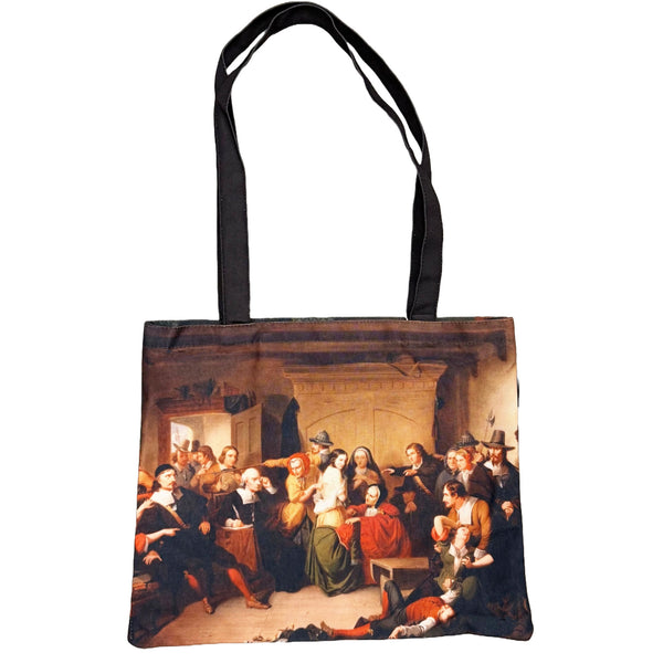 Tote bag with a classical painting design on a white background