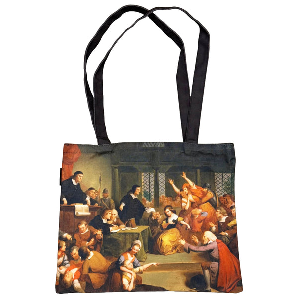 Tote bag with a classical painting design featuring people in a room.