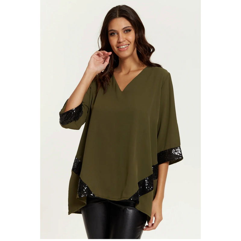 Top Sequin Satin Khaki