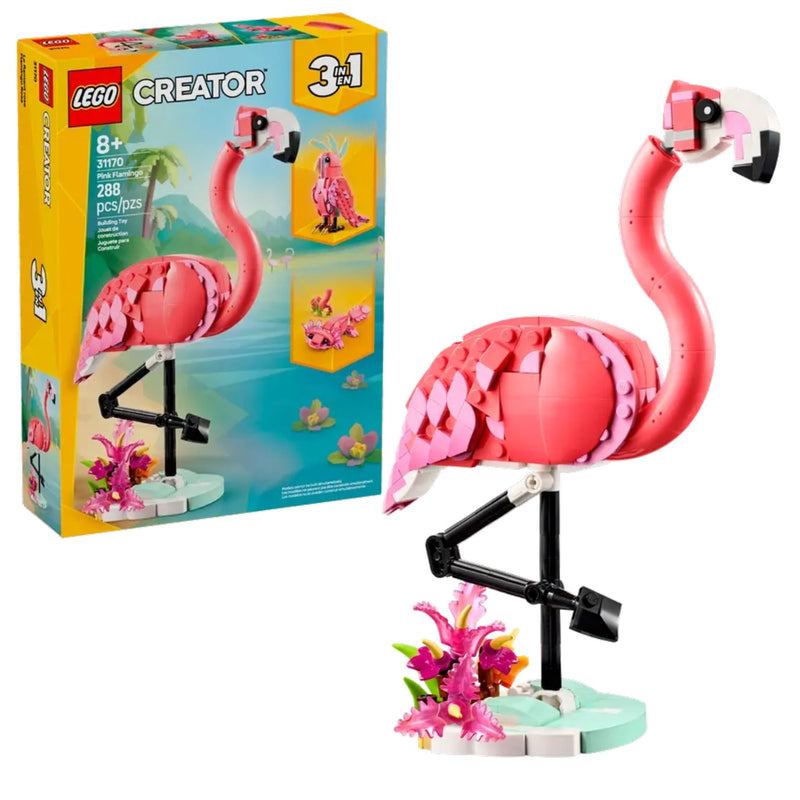 LEGO Creator flamingo set with packaging on a white background