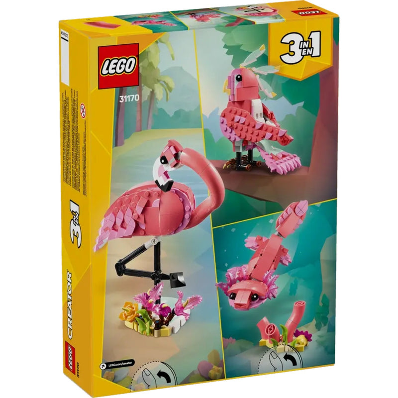LEGO flamingo set packaging with multiple views of the model