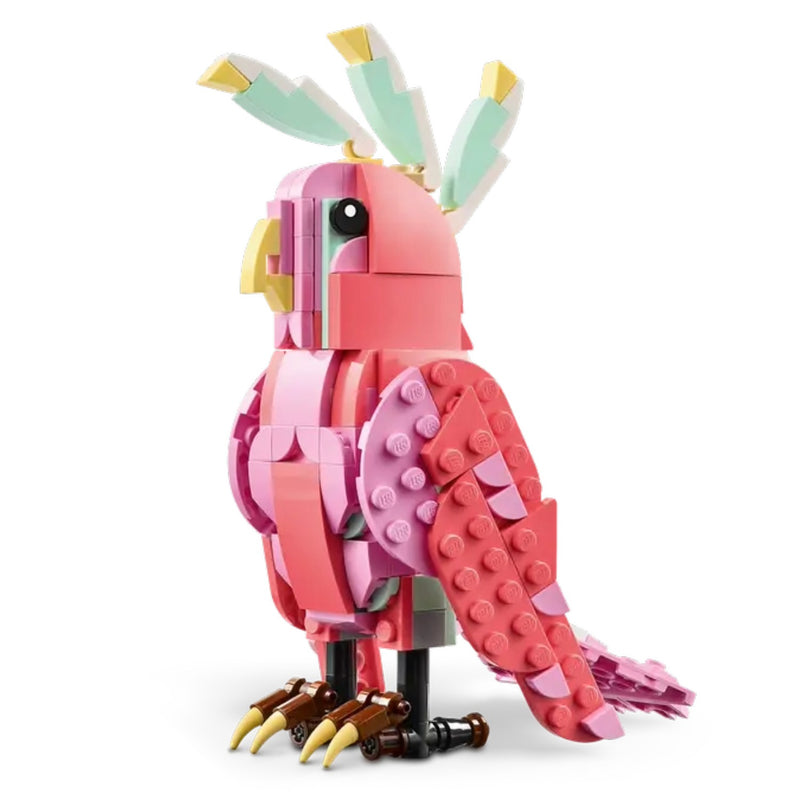 Toy parrot made of interlocking bricks on a white background