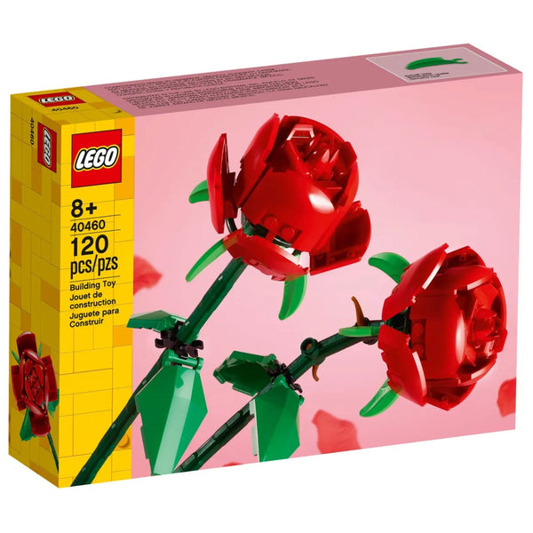 LEGO set packaging with red roses on a pink background