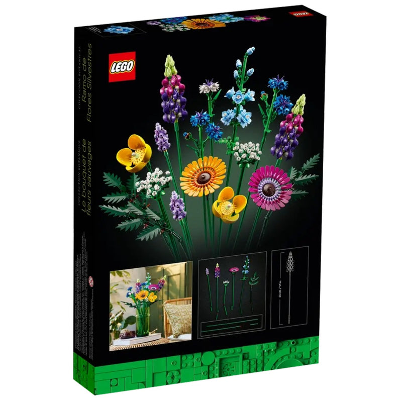 LEGO flower set packaging with colorful flowers on a black background