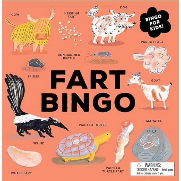 Fart Bingo game board with illustrations of various animals and objects on a pink background.