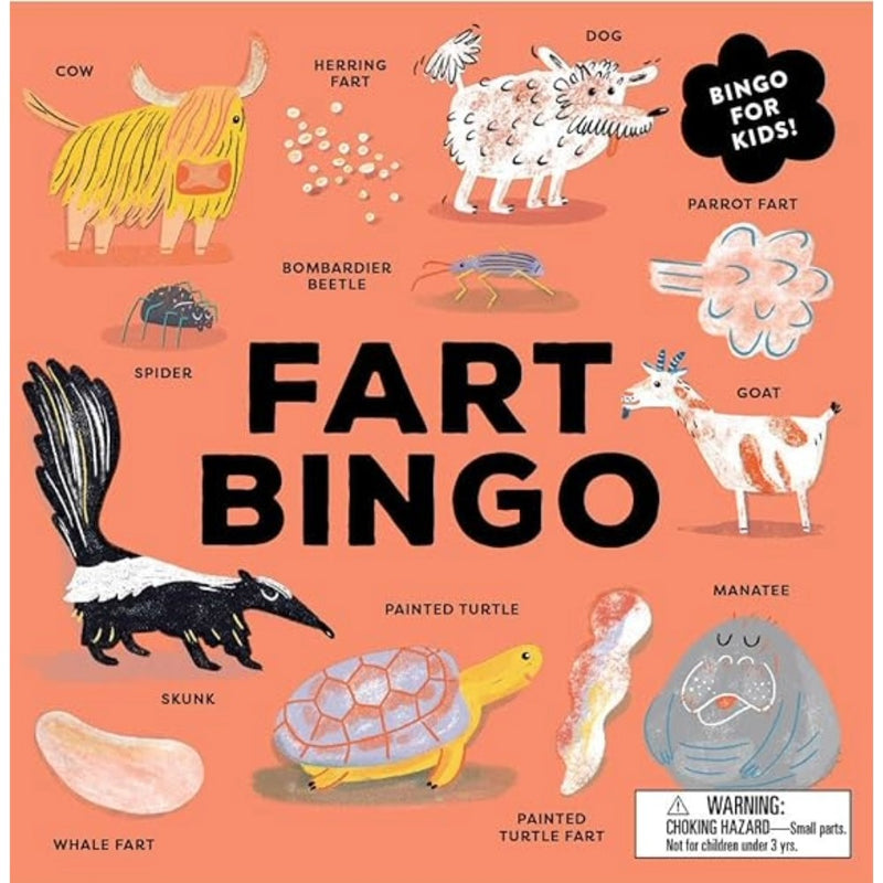 Fart Bingo game board with illustrations of various animals and objects on a pink background.