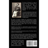 Book back cover with text and a black and white photo of a woman.