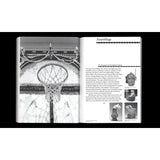 Open book with black and white images and text on a white background