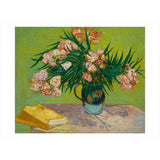Still life painting with flowers in a vase and a book on a table.