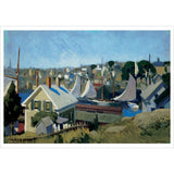 Painting of a harbor scene with houses and sailboats.