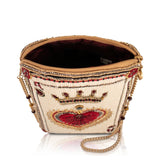 Decorative handbag with heart and crown design on a white background