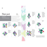 Page from a craft book showing instructions for creating star-shaped paper folds with colorful geometric patterns.