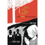 Book cover of 'Lies in the Dust' with a red background, black and white illustration, and text about the Salem Witch Trials.