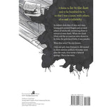 Book back cover with text and black silhouette illustration on a white background