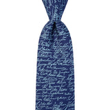 Navy blue tie with white text on a white background