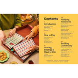 A book page for 'Contents' of a mahjong guide, featuring a photograph of people playing mahjong on the left and a bright yellow table of contents on the right.