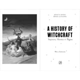 Inner pages of the book 'A History of Witchcraft' with black and white illustration on left and text on right.