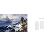 Artistic depiction of a stormy sea with rocky cliffs and a cloudy sky, alongside text on a white background.