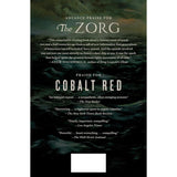 Book cover with text praising 'The Zorg' and 'Cobalt Red' against a dark, stormy background.