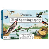 Front and spine of the Audubon Bird Spotting Opoly Collector's Edition board game box, featuring detailed vintage-style bird illustrations over a lake and forest scene.