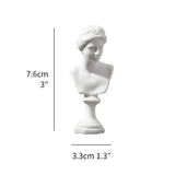 White classical bust sculpture with dimensions indicated on a white background