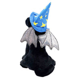 A black plush cat wearing a blue wizard hat with yellow stars and a sparkly silver-gray bat wing, shown against a plain white background.
