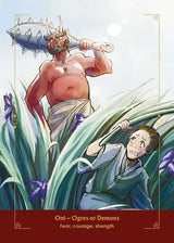Illustration of a large ogre or demon with a weapon and a smaller person cowering in the grass, with text 'Oni - Ogres or Demons, Fear, courage, strength' at the bottom.