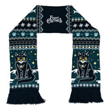 Scarf with a black cat design and snowflake pattern on a white background
