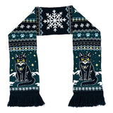 Scarf with a black cat design and snowflake pattern on a white background