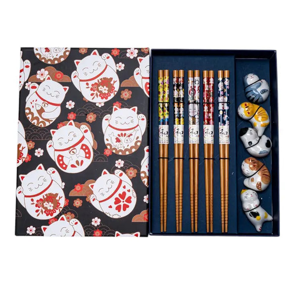 Chopsticks and Rests 5 Pair Cute Cats Bamboo