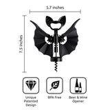 Black bat-shaped corkscrew with measurements and product features on a white background