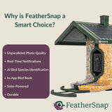 FeatherSnap bird feeder with features listed on a beige background