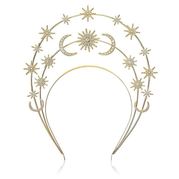 Sun Moon Stars Goddess Crown Halo Headband, Gold