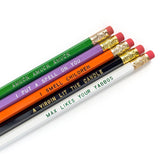 Set of pencils with humorous text on a white background